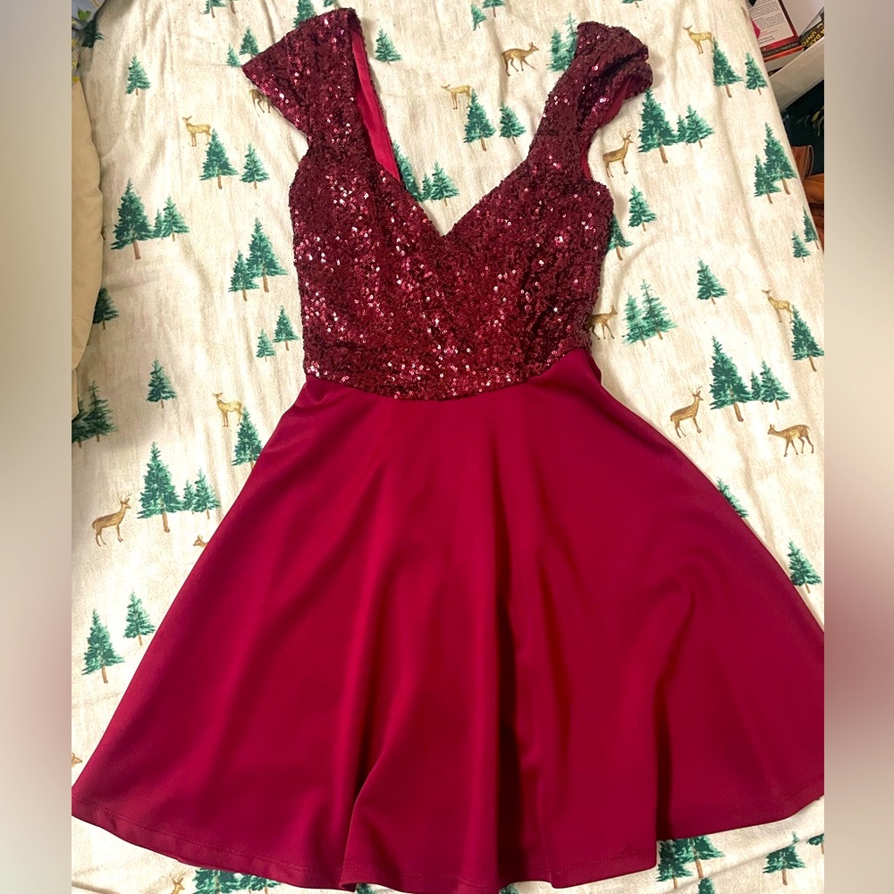 Holiday red ASOS part sequin skater dress. Worn once!